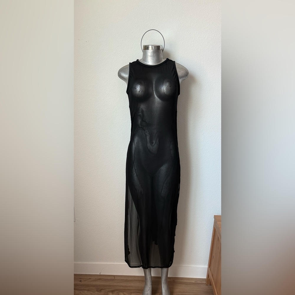 Sheer Small Black Sleeveless Cover up Dress with 2 side opening and rouging